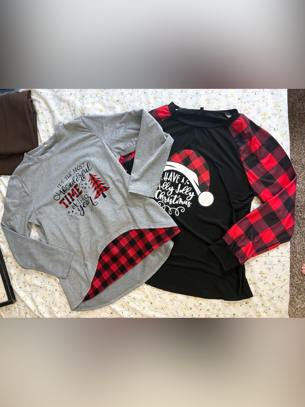 Women’s Christmas Plaid Raglan Top - Black & Gray Bundle